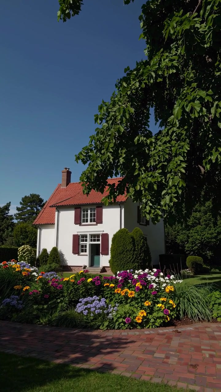 Charmantes weißes Haus mit farbenprächtigem Sommerblumengarten und blauem Himmel
