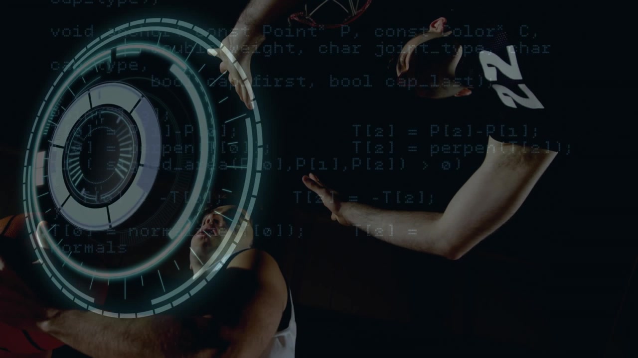 Animation of neon round scanner over two caucasian male basketball players practicing basketball