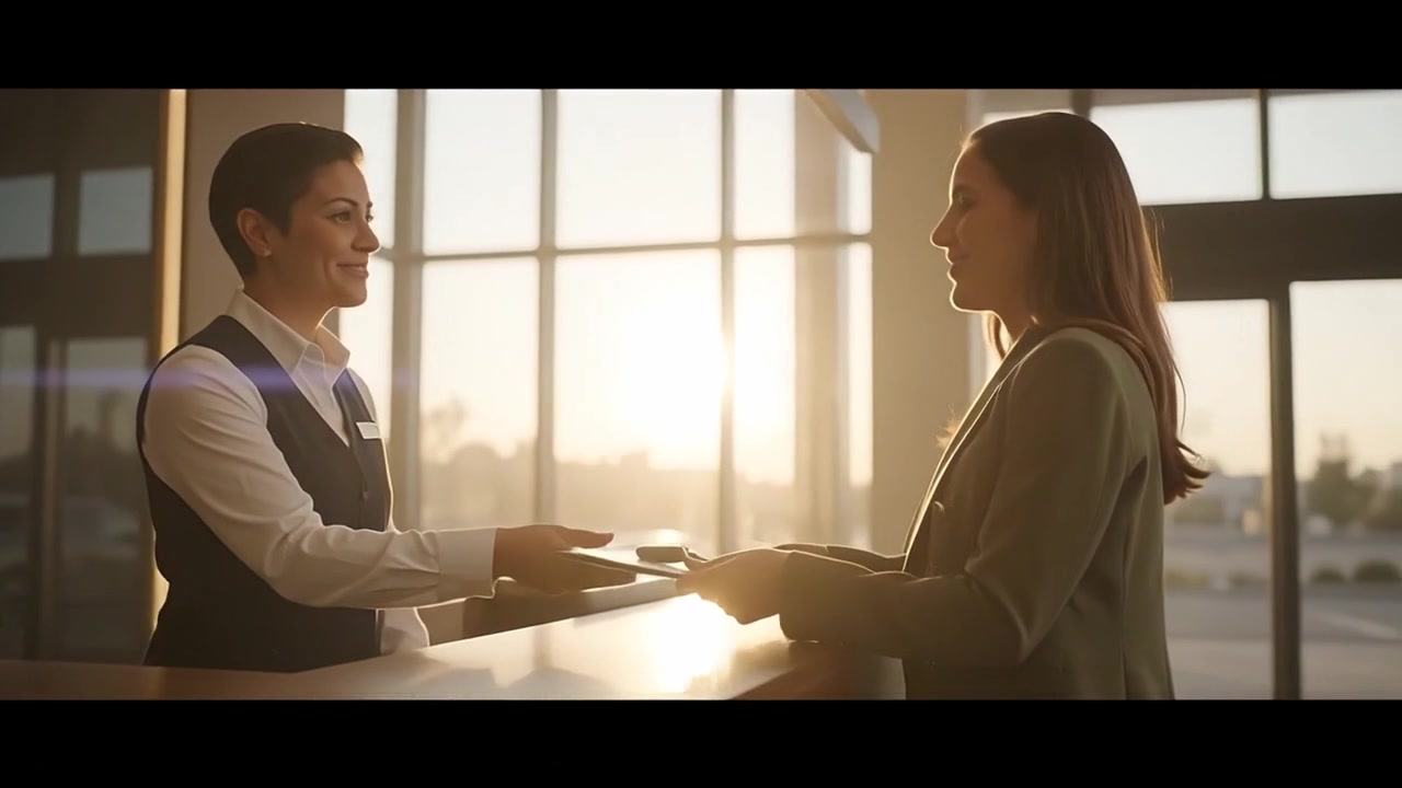 Receptionist Handing Clipboard to Customer in Modern Office Lobby