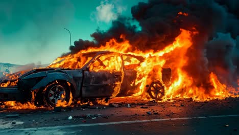 a car is engulfed by flames on the side of the road