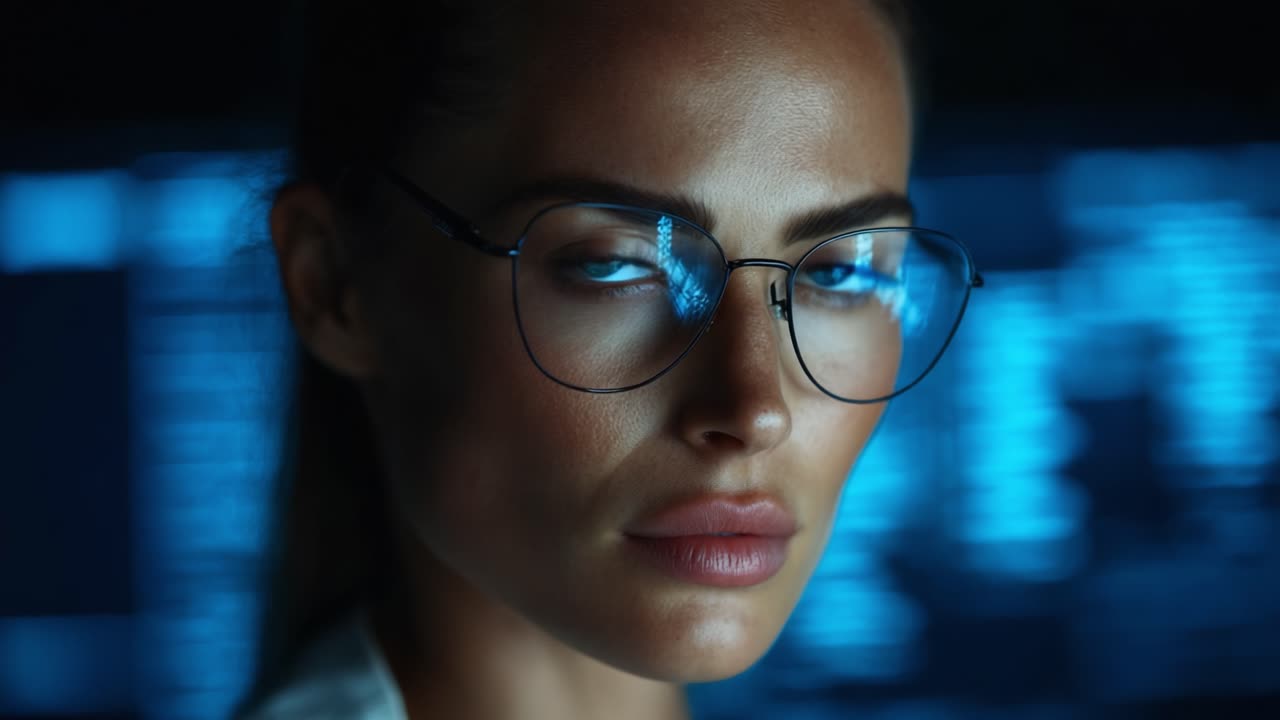 A Focused Female Scientist Analyzing Data with Intense Eyes, Illuminated by Digital Screens in a Dark Laboratory Environment, Capturing a Moment of Concentration and Insight