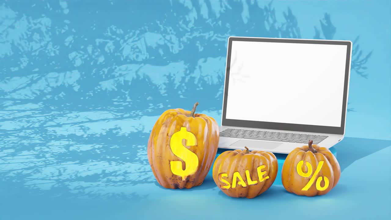 estandarte de ventas de tecnología de halloween, portátil con pantalla blanca, fondo azul con sombra de árbol