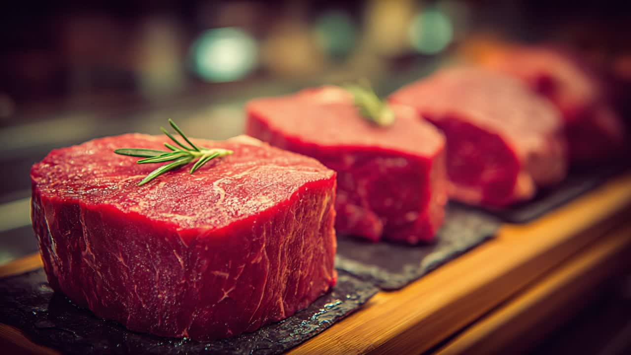 Fresh Cuts of Premium Raw Beef Showcasing a Beautiful Presentation with Rosemary Garnish, Perfect for Culinary Enthusiasts Seeking Quality Ingredients