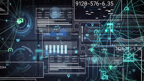 Animation-of-network-of-connections-and-data-processing-on-black-background