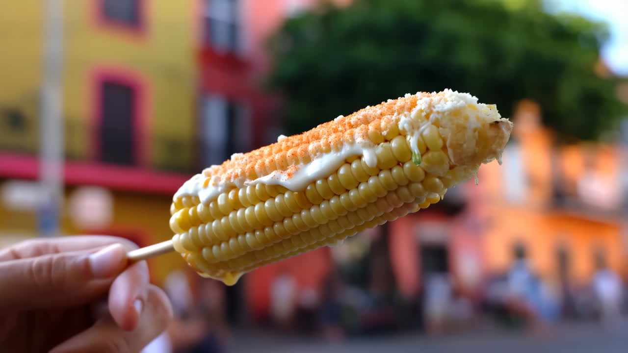 A hand holding an Elote (Mexican street corn) topped with cheese and chili powder