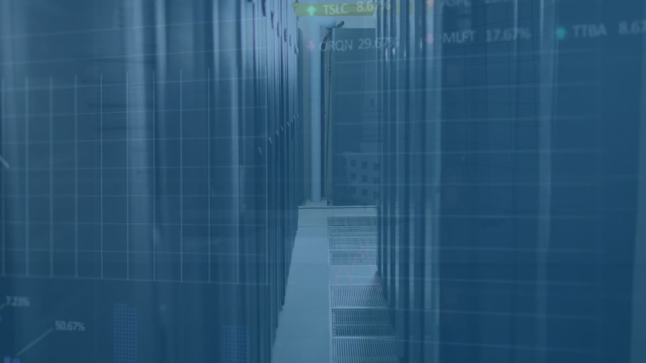 animación de múltiples gráficos y tablero de mercado de valores en la sala del centro de datos