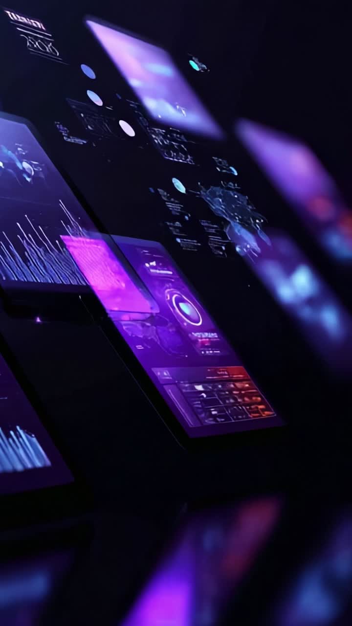 Futuristic Interface Design Showcasing Dynamic Data Visualizations and Interactive Elements in a Dark Aesthetic with Vibrant Purple Hues