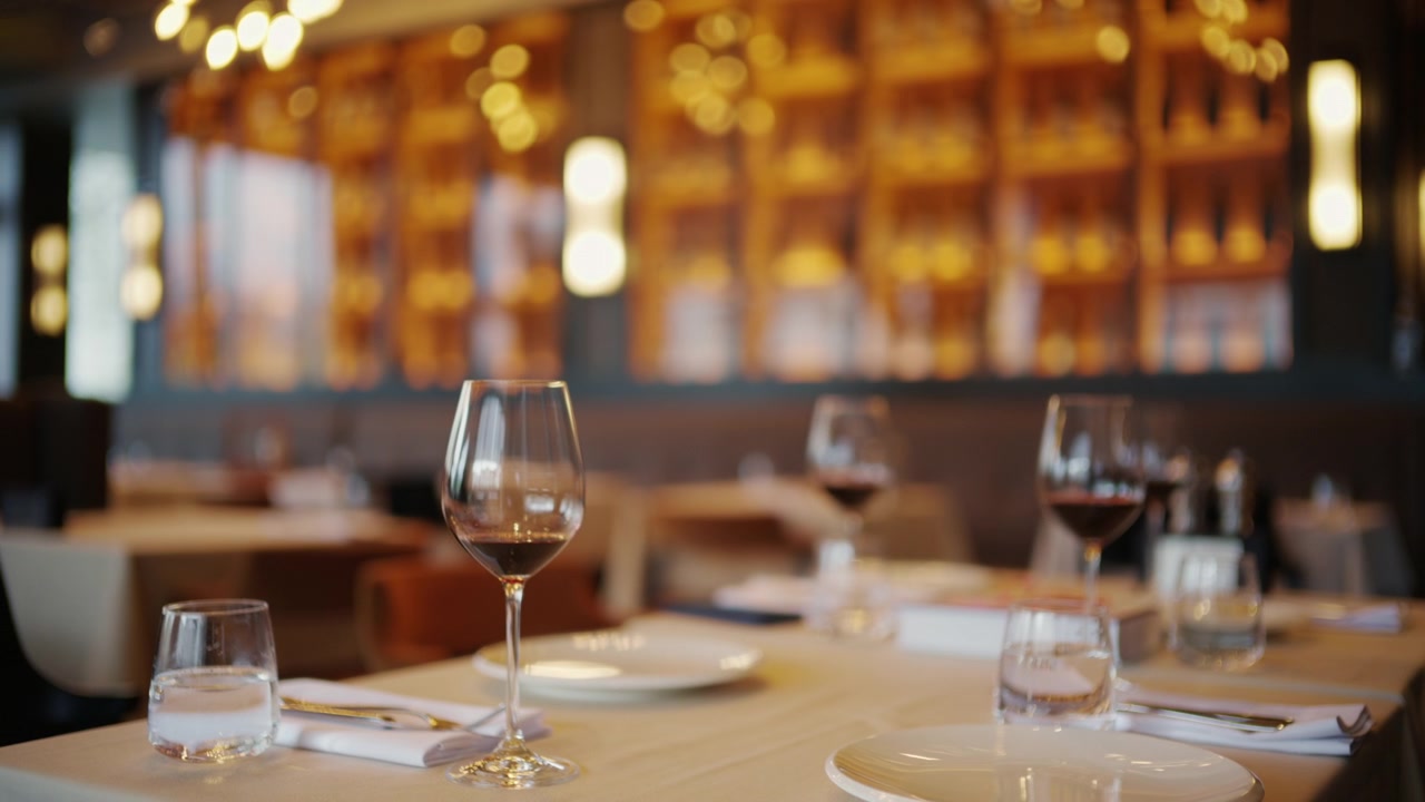 Allestimento elegante di un tavolo da ristorante con numerosi calici da vino, piatti e un'illuminazione ambientale calda.