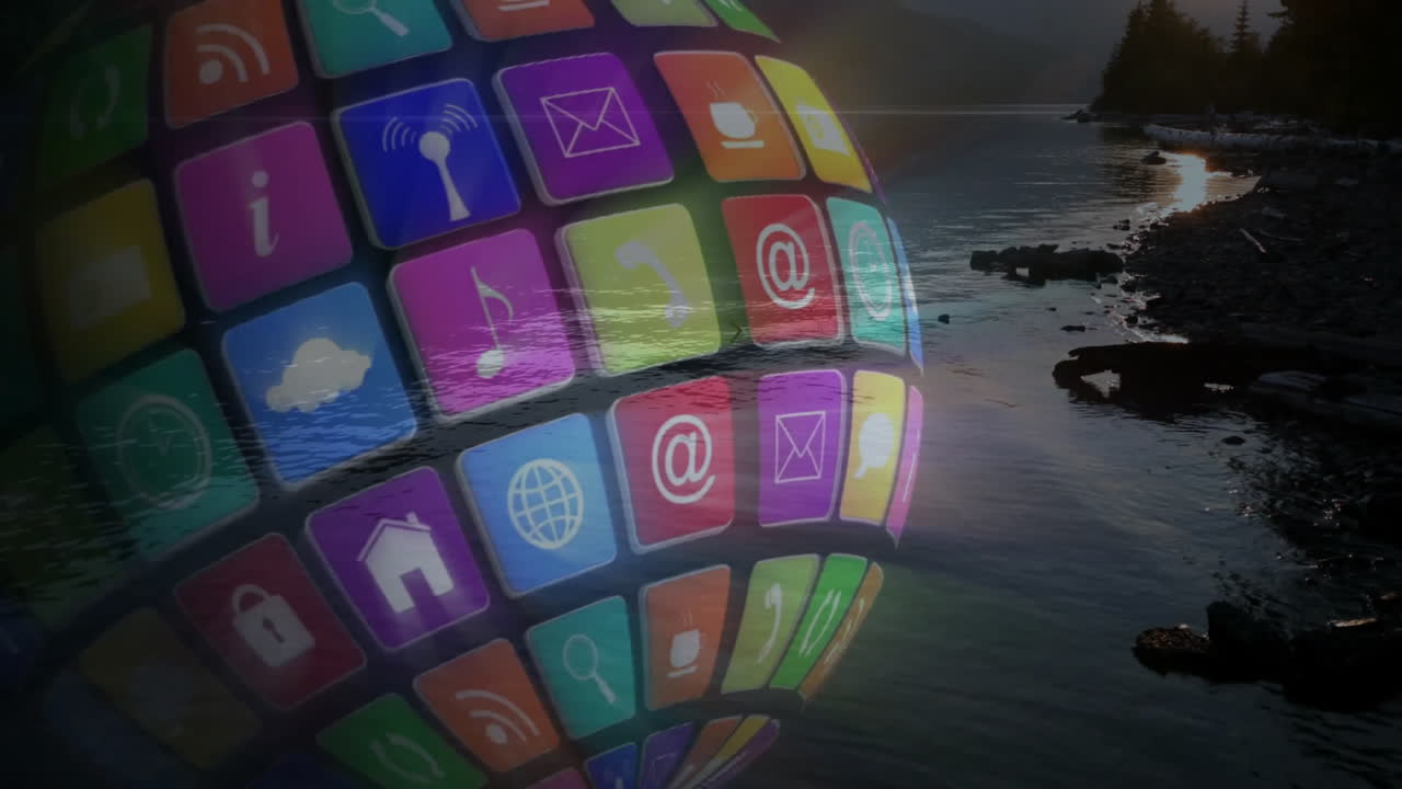 Forming sphere, colorful app icons floating over serene lake at sunset animation
