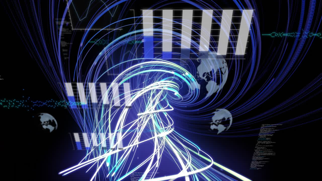 블랙 백그라운드에서 전 세계 연결 및 데이터 처리의 애니메이션