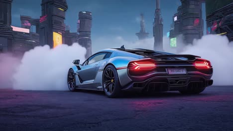 futuristic supercar in a cyberpunk city with smoke