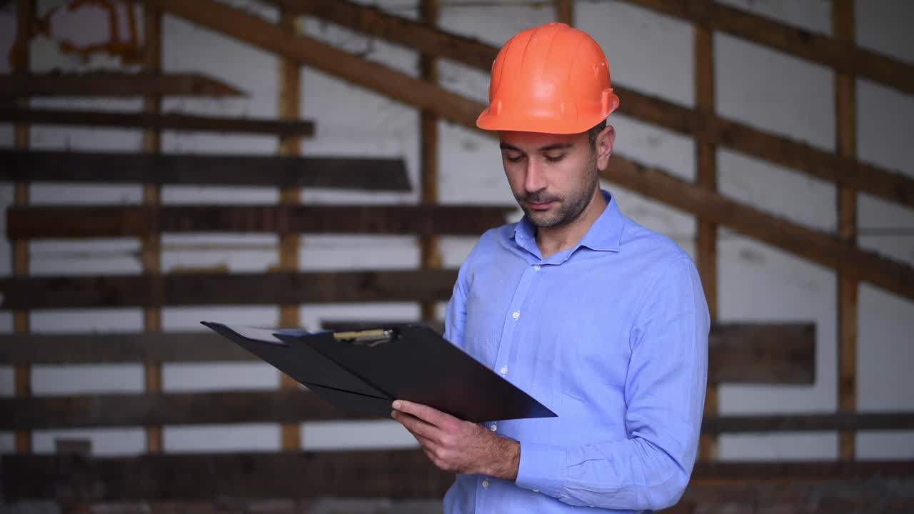 A site manager wearing an orange safety helmet reviewing documents on a construction site