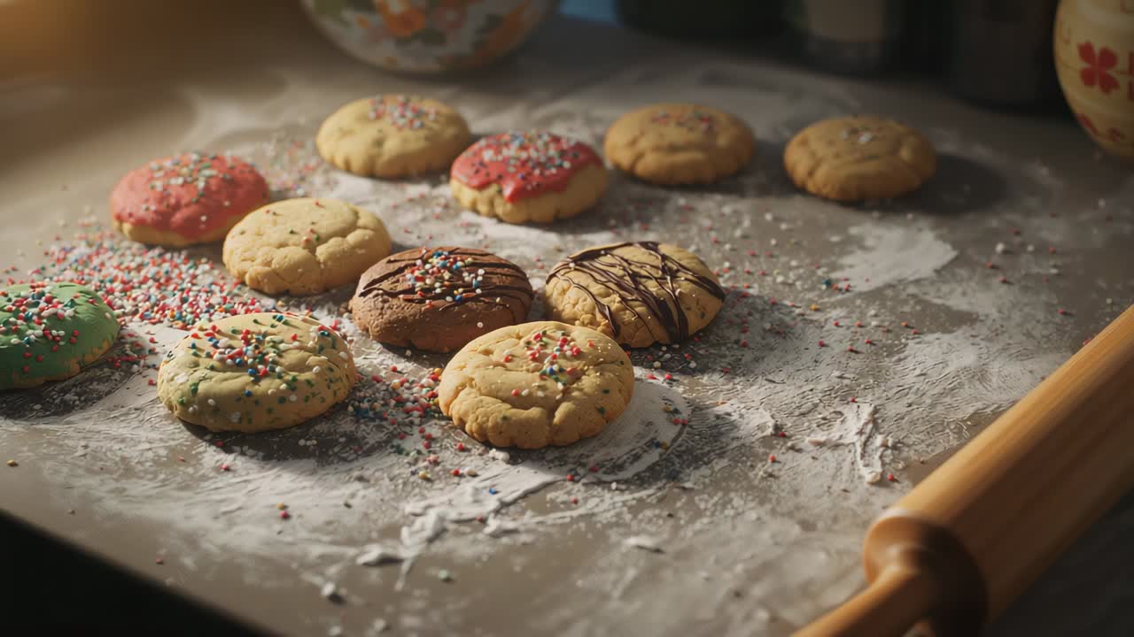 Camera tilting over sugar cookies on countertop after wide shot, showcasing icing, rolling pin