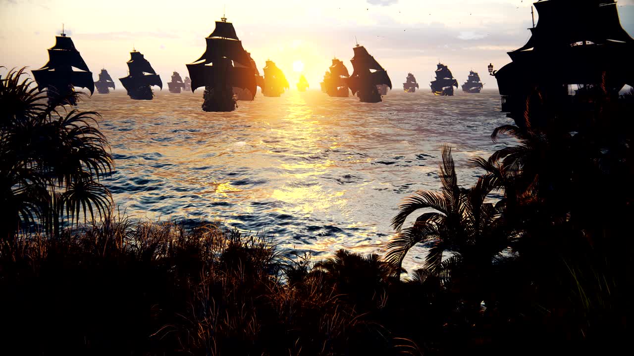 barcos medievales atracados en una isla en el vasto océano azul al atardecer. el concepto de aventuras en el mar en la edad media. ciclo de animación 3d.