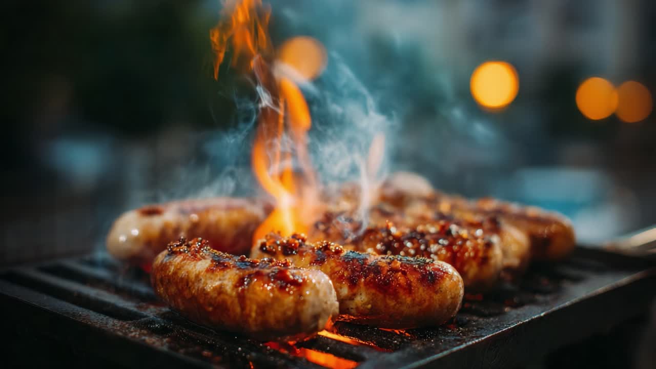 Makkaroiden grillaus: Lähikuva täydellisesti hiiltyneistä makkaroista grillissä, liekit ja savu iltavalaistuksen alla.