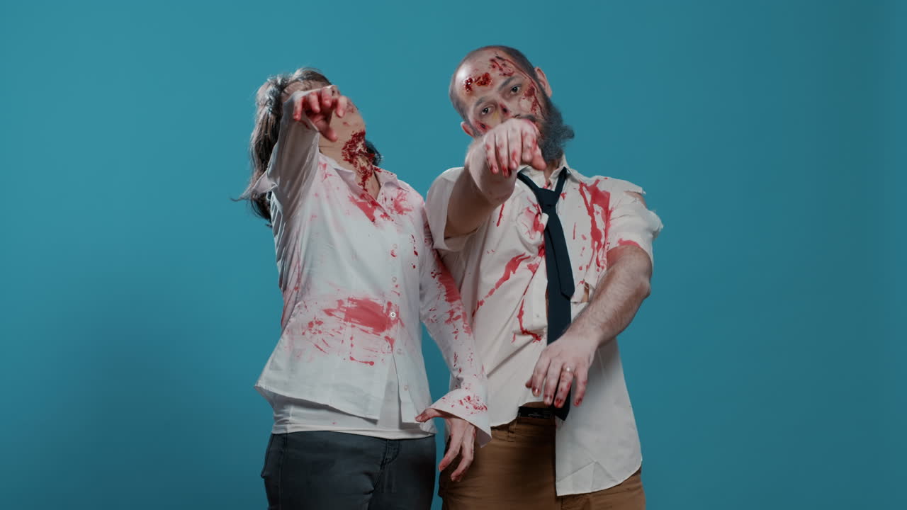 Spooky office workspace zombies stretching arms while acting bizarre on blue background