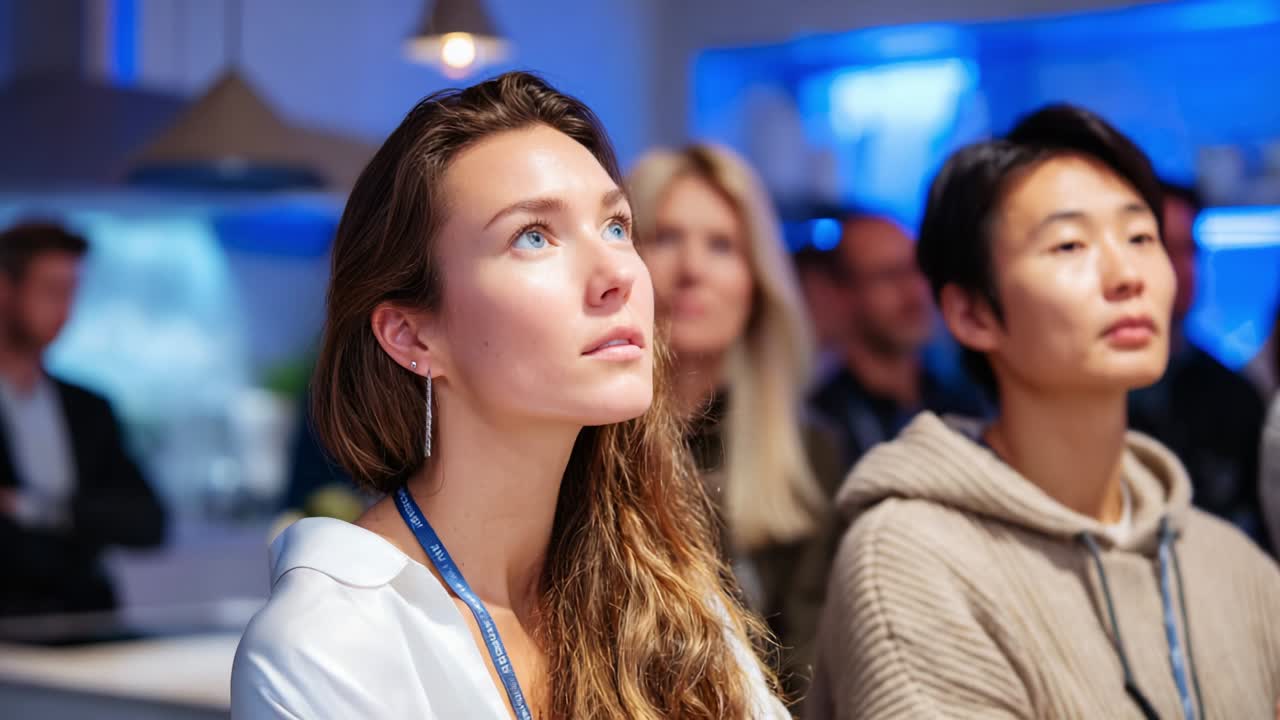 A contemplative moment captured in a lively discussion setting, featuring a woman deeply engaged with the presentation, showcasing the intensity of focus and interest in the exchange of ideas during a gathering