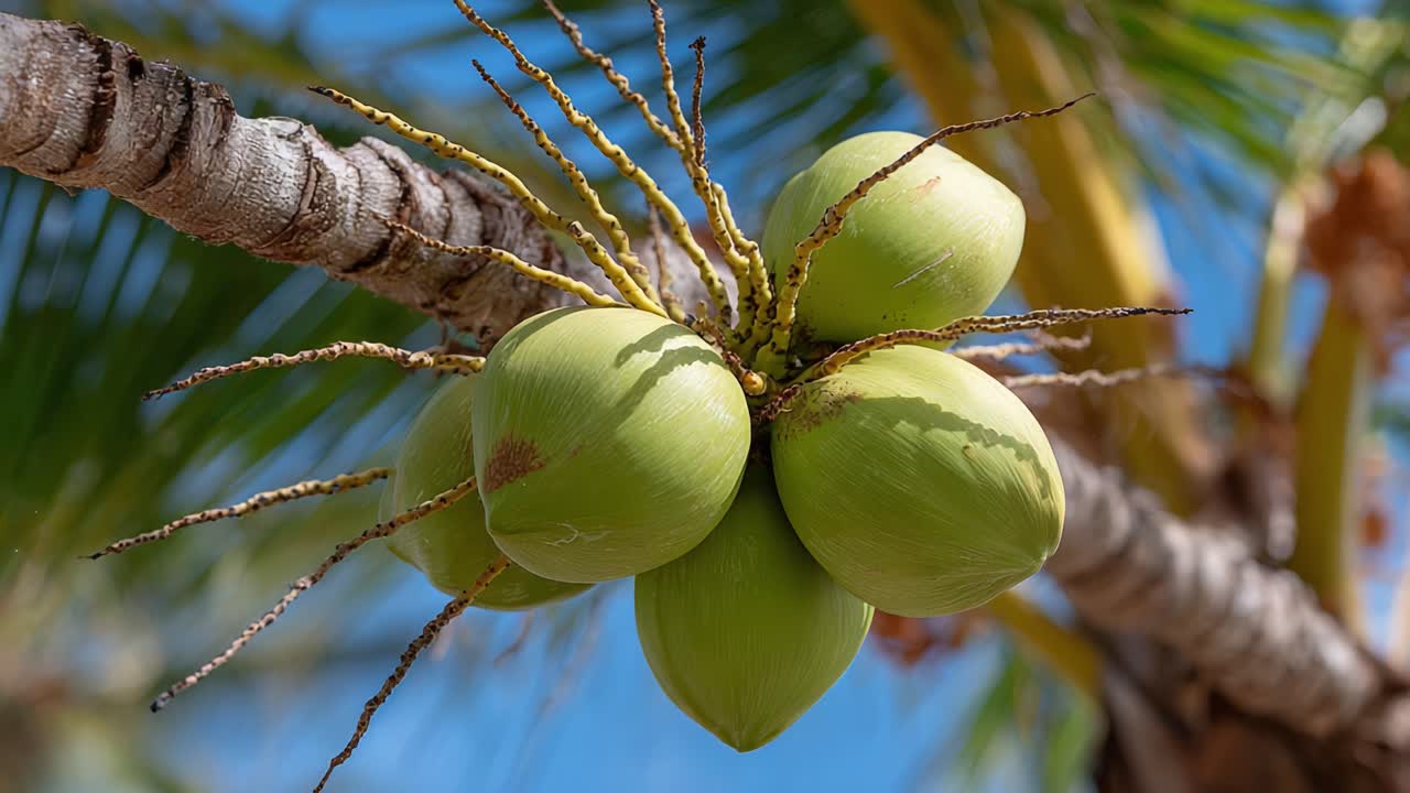 A Close-Up View of Unripe Coconuts Growing on a Palm Tree with Lush Green Leaves in the Background Under a Clear Blue Sky