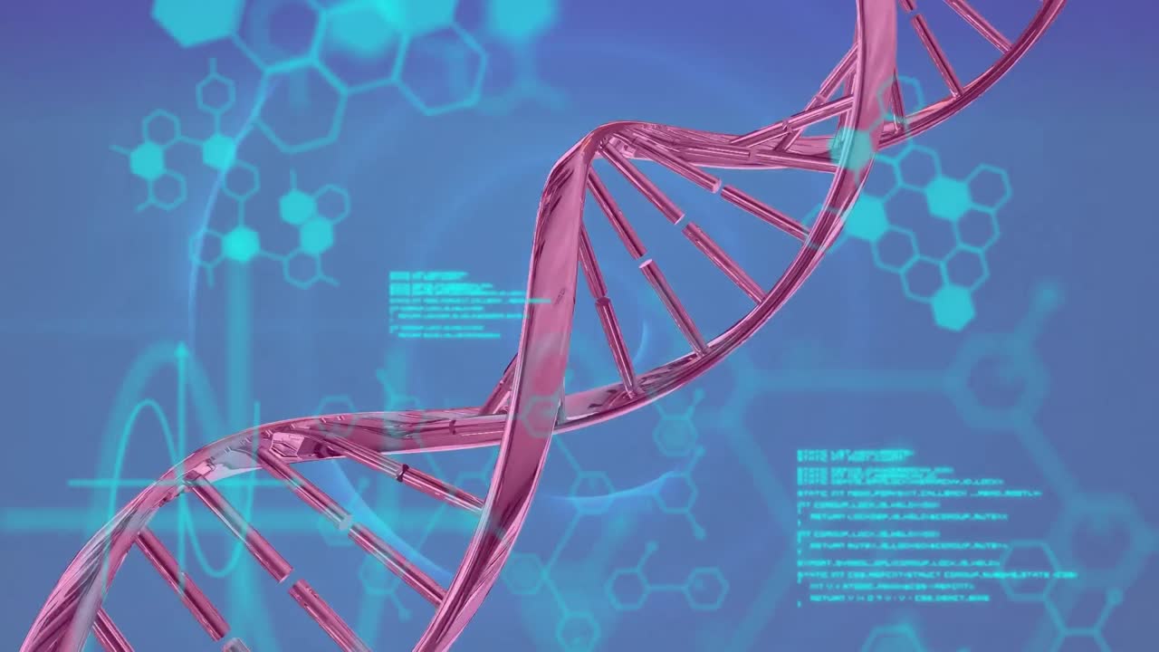 Animation of chemical formulas and data processing over rotating dna chain