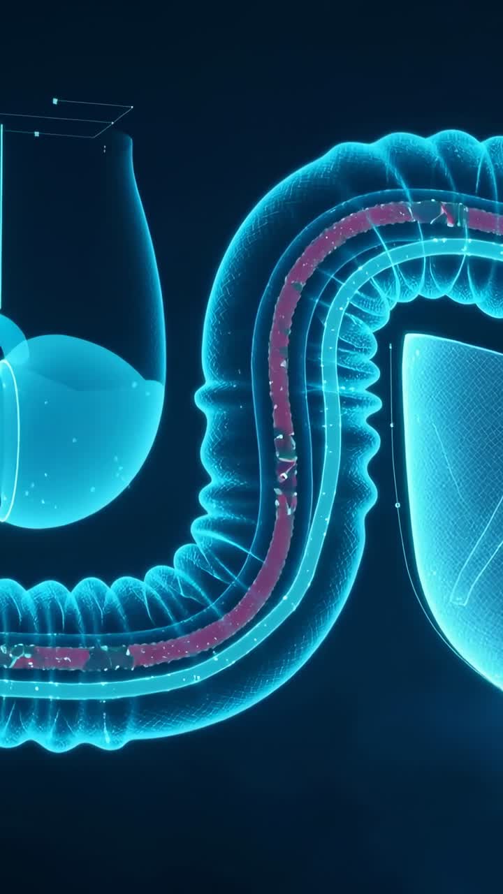 Vertical video: Pushing device head moving red lumen along colon in lab, moving bits to funnel
