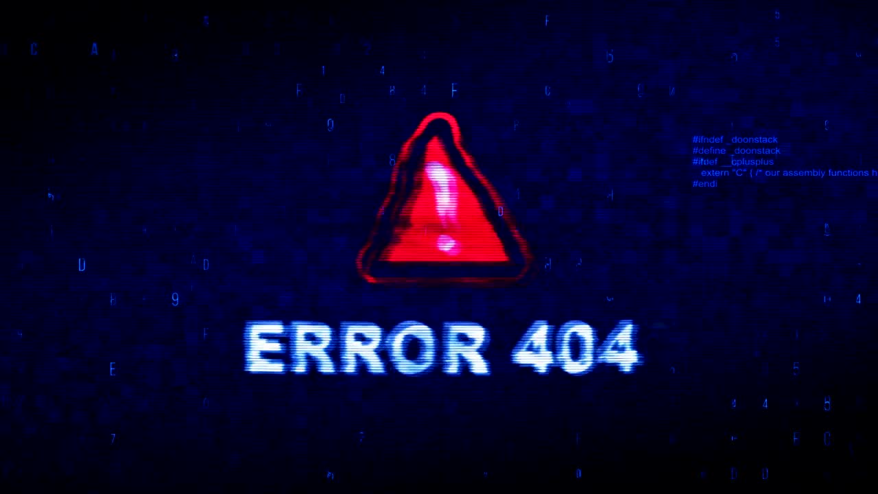 error 404 texto ruido digital sacudida glitch distorsión efecto error animación