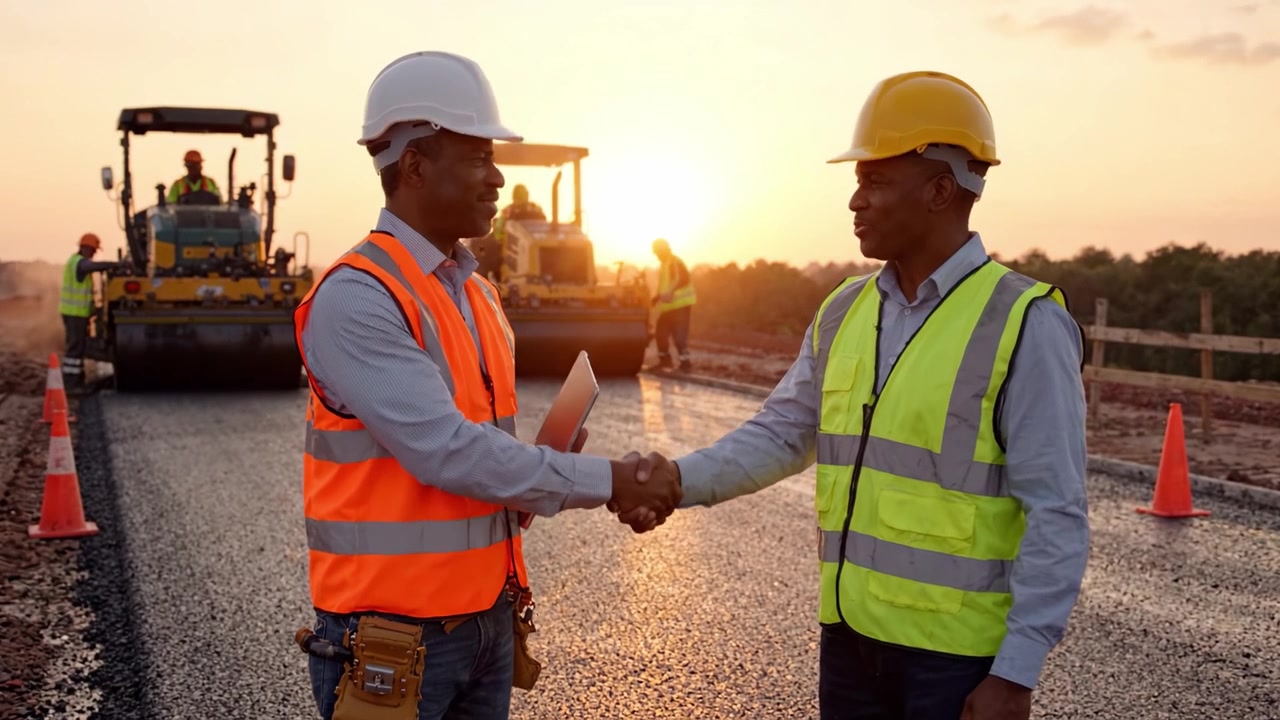 Two Construction Workers Discussing Progress on a Paved Road Project as the Sun Sets, Representing Collaboration and Achievement in Infrastructure Development