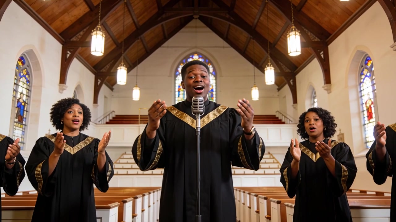 Leading male soloist raising hands, cueing choir singing into vintage mic in church gold trim robes