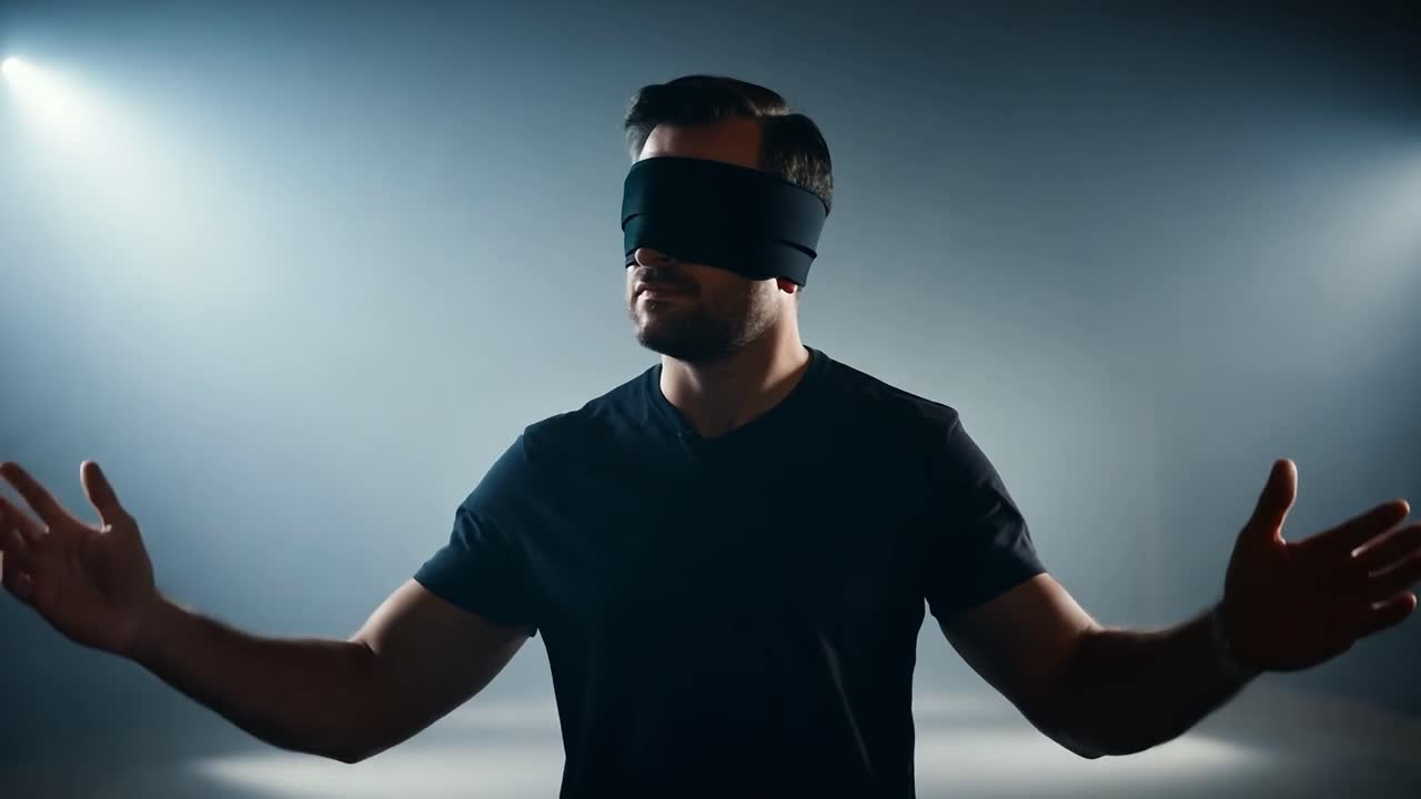 Blindfolded man reaches out with arms in a dark, smoky room, embodying feelings of searching, vulnerability, and uncertainty