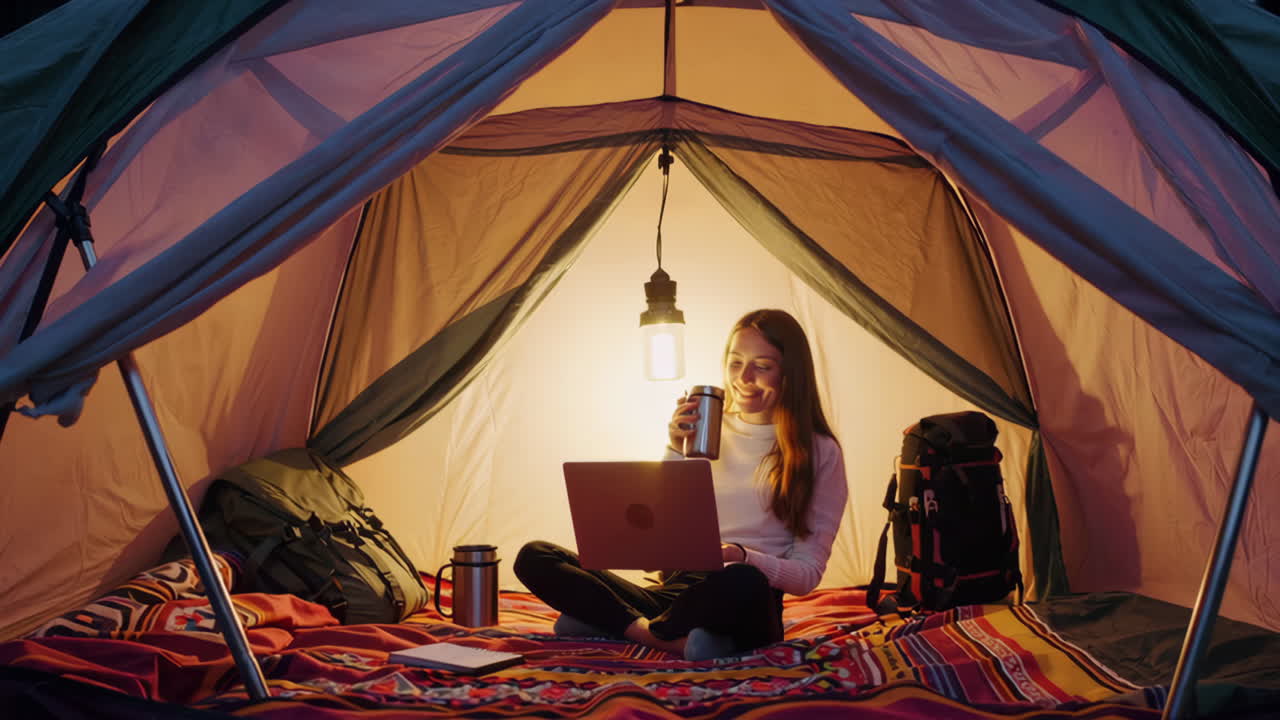 Woman Working on Laptop Inside an Illuminated Tent While Camping