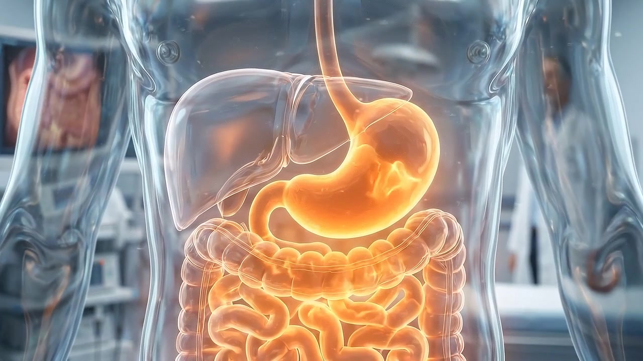 Animazione medica 3D del sistema digestivo umano in un contesto clinico