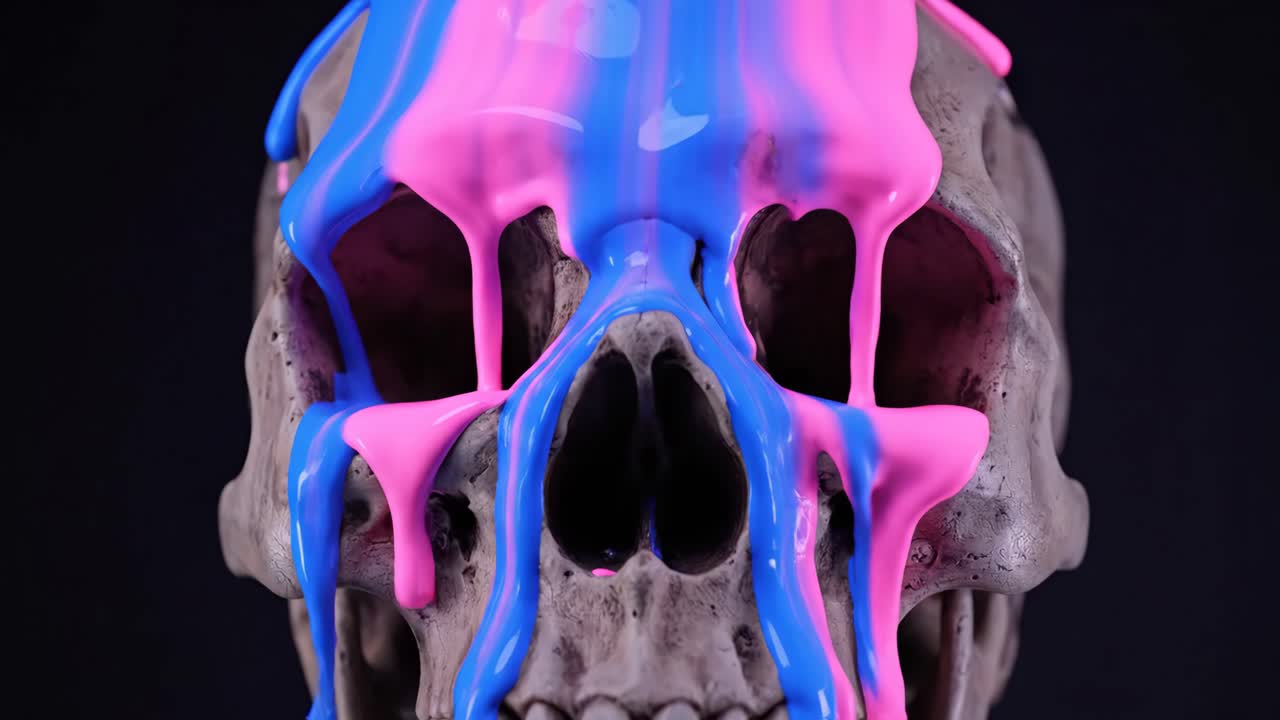 Skull with Dripping Pink and Blue Paint