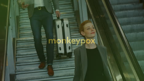 animation of monkey pox over caucasian businesspeople on escalator