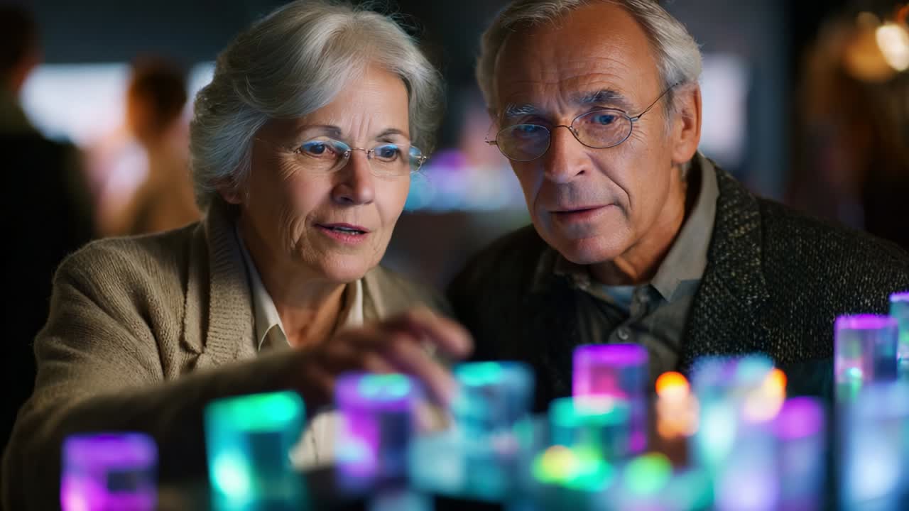 An Enchanting Exploration of Light: Elderly Couple Engaged in an Artistic Display of Colorful Luminous Blocks, Capturing the Beauty of Interaction and Shared Experience in a Creative Environment