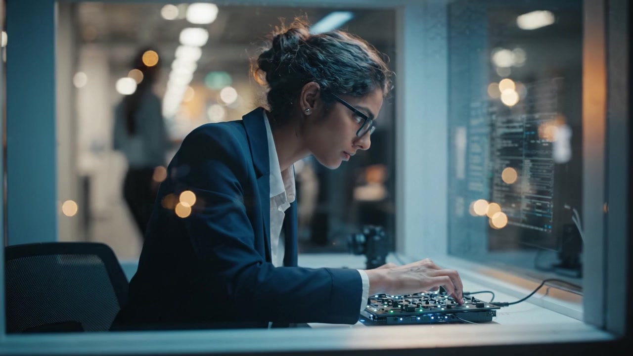 Focused Professional Working on Electronics in Modern Office with Ambient Lighting, Concentrating on Circuit Board and Digital Interface Late at Night