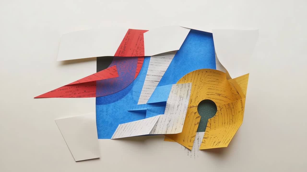 Zooming camera revealing sculpture lifting-folding in studio with red flap, yellow keyhole circle