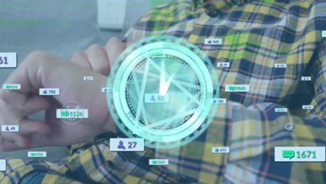 animación de iconos de reloj y redes sociales sobre el hombre usando un reloj inteligente