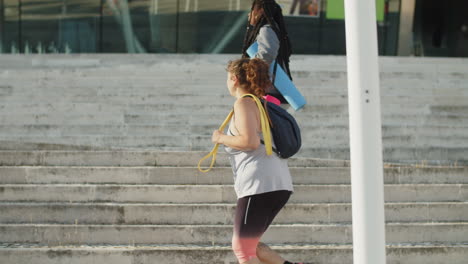 Long-shot-of-fat-female-friends-climbing-stairs-to-sporting-area