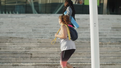 una foto larga de amigas gordas subiendo escaleras al área deportiva.