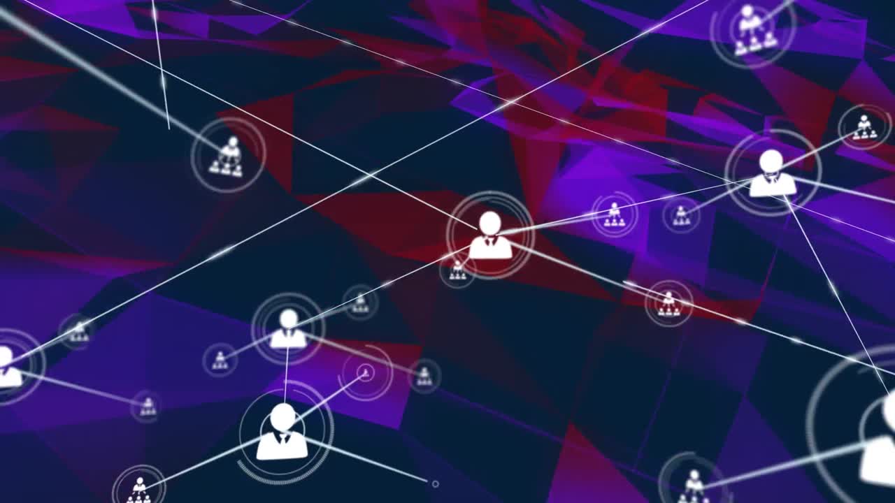 animación de iconos de perfil conectados con líneas sobre patrones abstractos multicolores