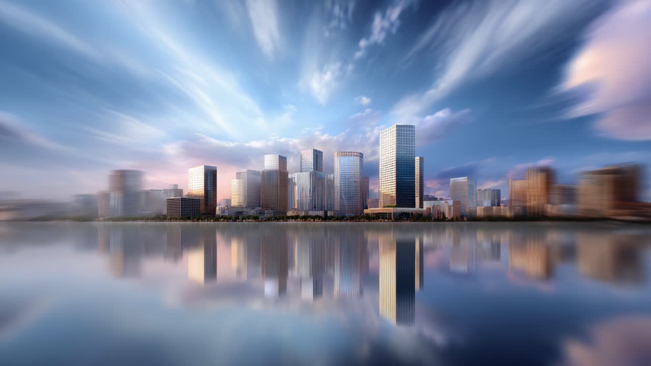 Stunning Urban Skyline Reflected in Tranquil Waters Under Dramatic Clouds, Capturing the Essence of Modern Architecture and Natural Beauty in Perfect Harmony