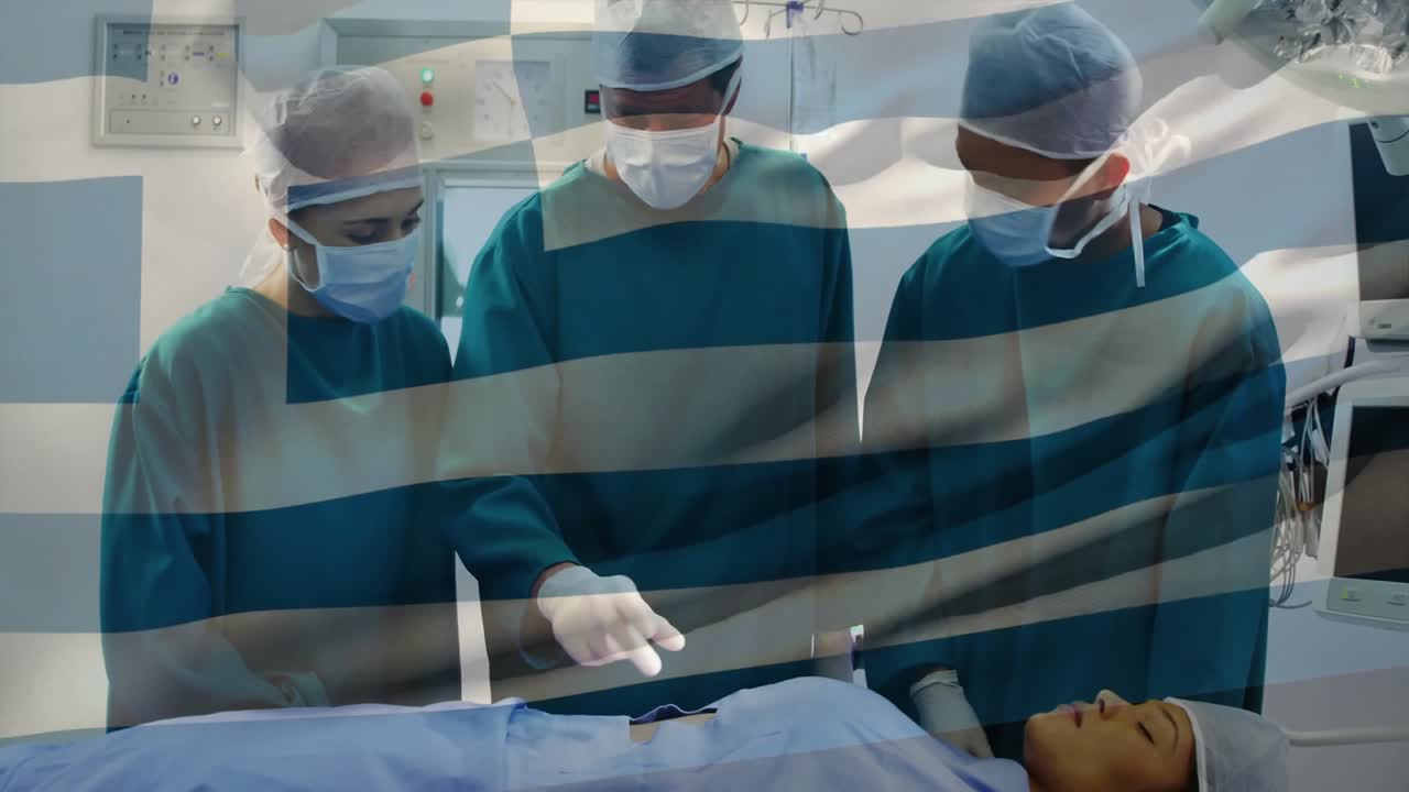 Team medico che alza una mano guantata e impartisce istruzioni, segnando la linea di incisione con una guida animata per la chirurgia.