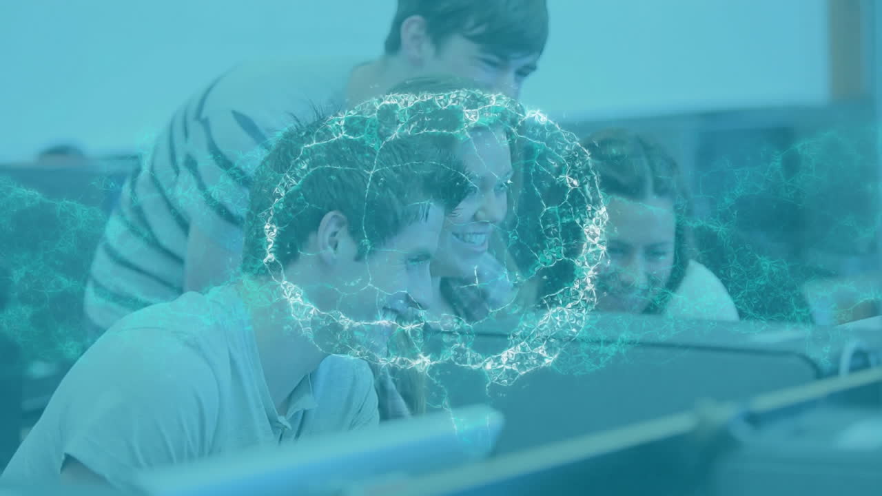 animación del cerebro humano y la cadena de adn sobre los estudiantes usando computadora