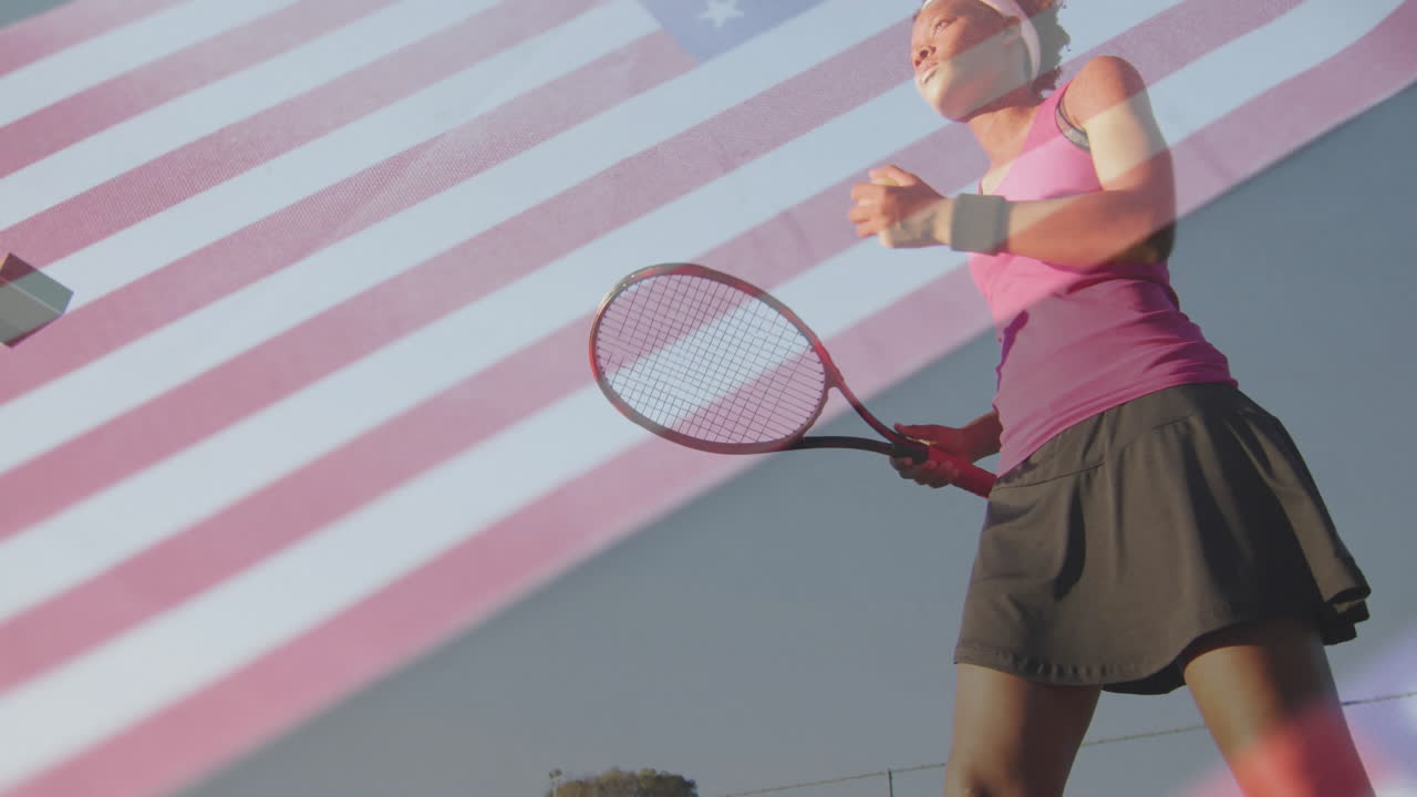 Female tennis player holding racket and ball on court, showcasing health marketing flag stripes