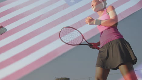 female tennis player holding racket and ball on court, showcasing health marketing flag stripes