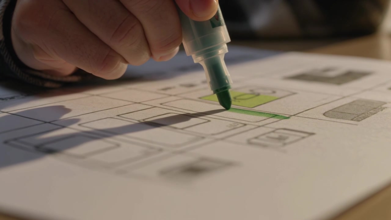 Lowering hand in dark sleeve tracing wireframe rectangle on desk for annotation, using green marker