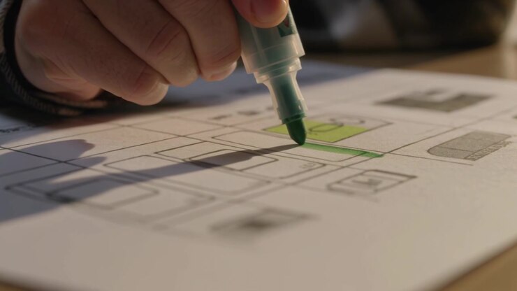 Lowering hand in dark sleeve tracing wireframe rectangle on desk for annotation, using green marker