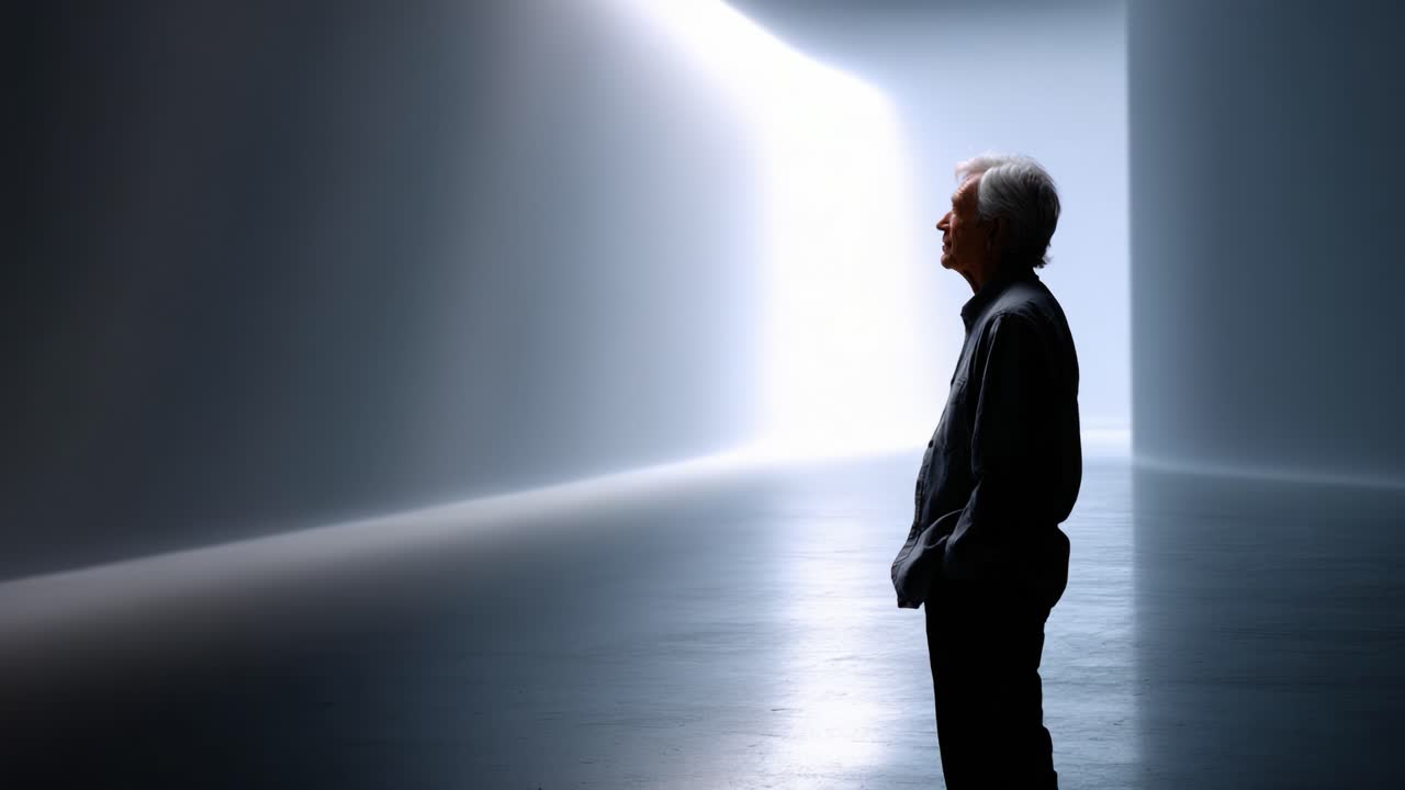 Una figura solitaria si erge in un corridoio scarsamente illuminato, rapita dal raggio di luce etereo che si riversa da un'apertura distante, creando un'atmosfera surreale.