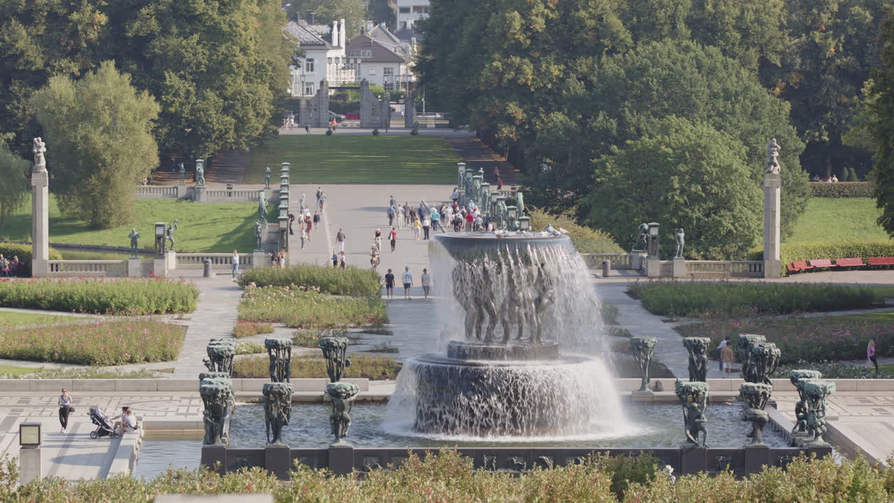 Telephoto wide of the fountain and bridge beyond, Vigeland Park, Frogner Park