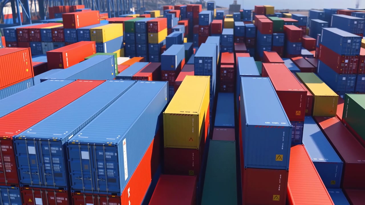 Højvinklet skråt udsyn, der viser tætpakkede shippingcontainere stablet i parallelle baner og rækker inde på et havnelager, med farverige metaloverflader, industriel geometri og gentagne mønstre.