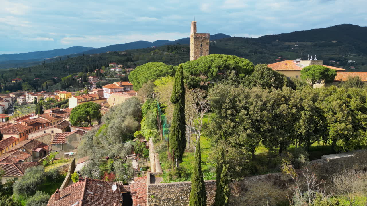 Aerial drone view of the Castiglion Fiorentino small, walled city in eastern Tuscany, Italy